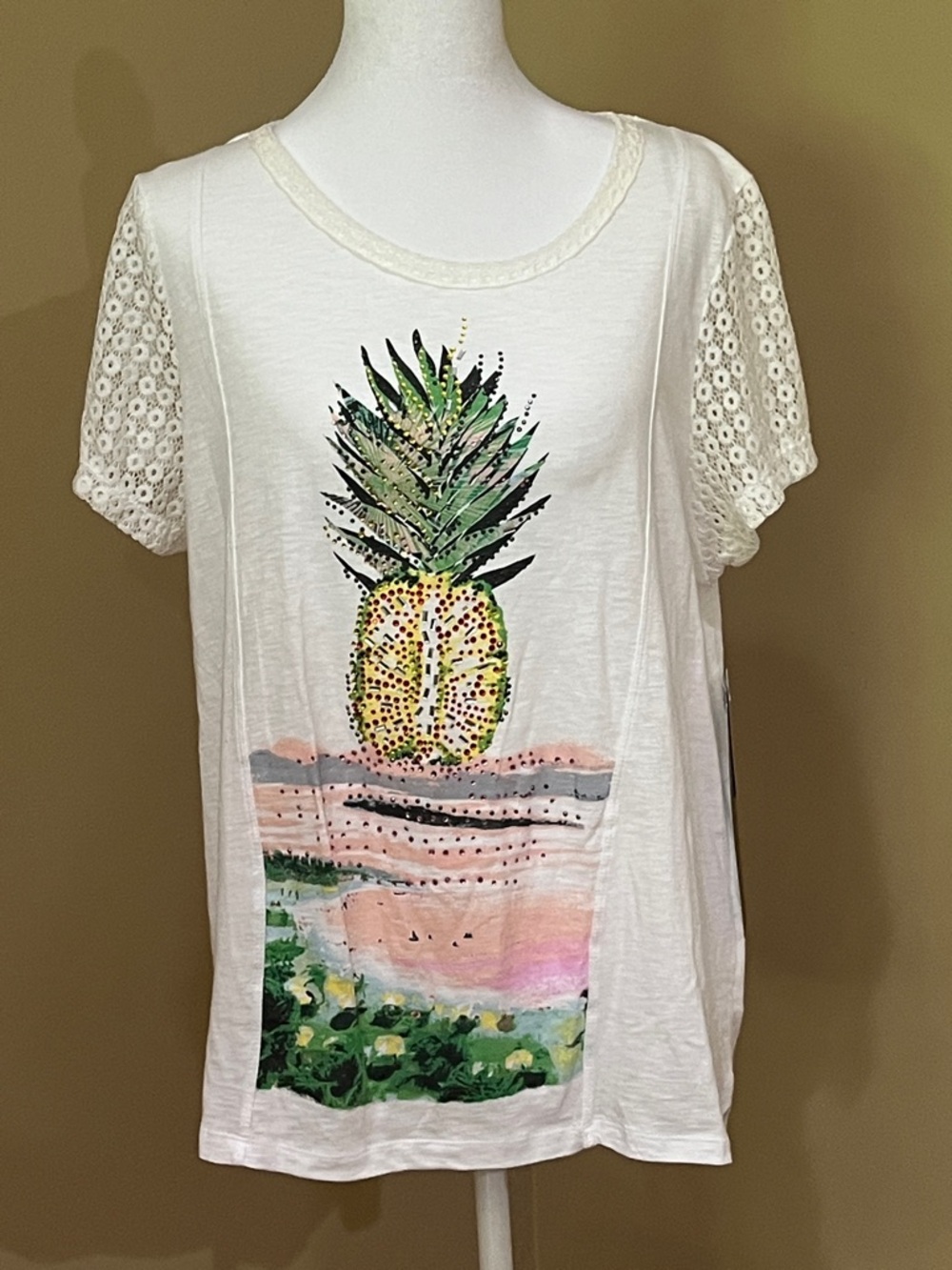 White Pineapple Graphic Tee with Lace Sleeves